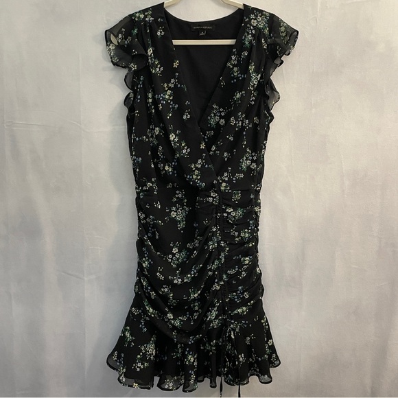 Banana Republic Black Floral Dress Flutter Sleeve V-Neck Cinch Dress - Picture 2 of 16